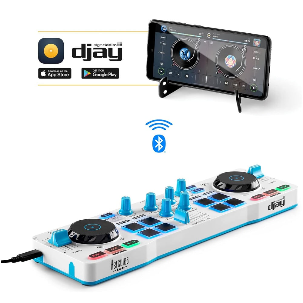 허큘레스 DJControl Mix 스마트폰 태블릿용 블루투스 무선 DJ 컨트롤러 2 데크 블루