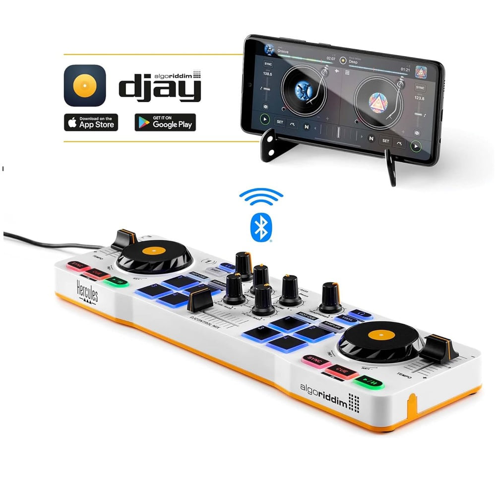 허큘레스 DJControl Mix 스마트폰 태블릿용 블루투스 무선 DJ 컨트롤러 2 데크 화이트